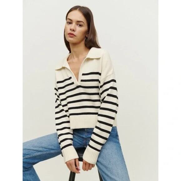 Reformation Sweaters - Reformation Francesco Cotton Polo Sweater in Gossamer/Black Stripe XS